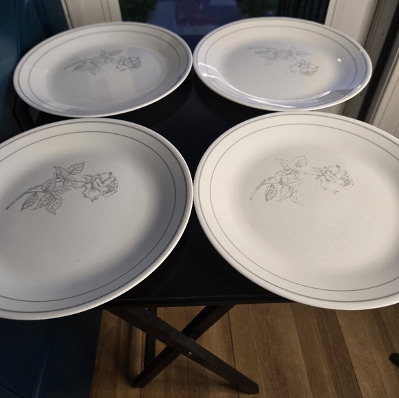 RARE Vintage Set of 4 Corelle Silver Rose(Solitary)10.25" Dinner Plates White/Gr - Picture 1 of 16